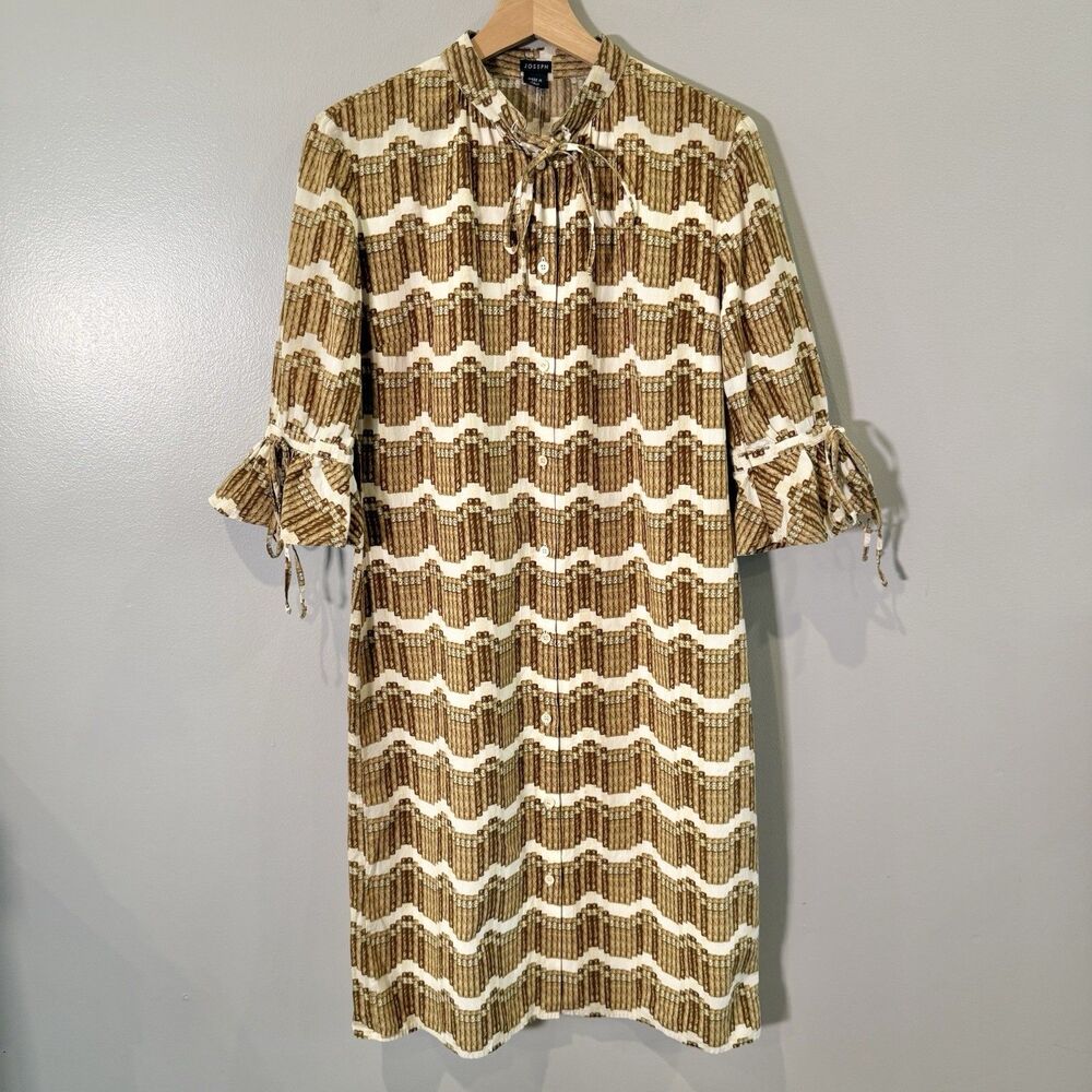 JOSEPH Shirt Dress Cigar Print Button Front Brown Cream Midi Sz 6-8 Made Italy